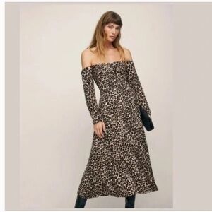 Reformation Animal Print Off-Shoulder Midi Dress
